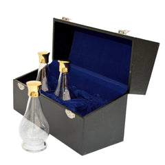 Glass Cruet set of 3x oil stocks, including carry box