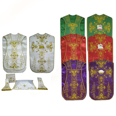 Intricate Fiddleback Vestment Set (includes Chasuble, Chalice Veil, Maniple and Burse)